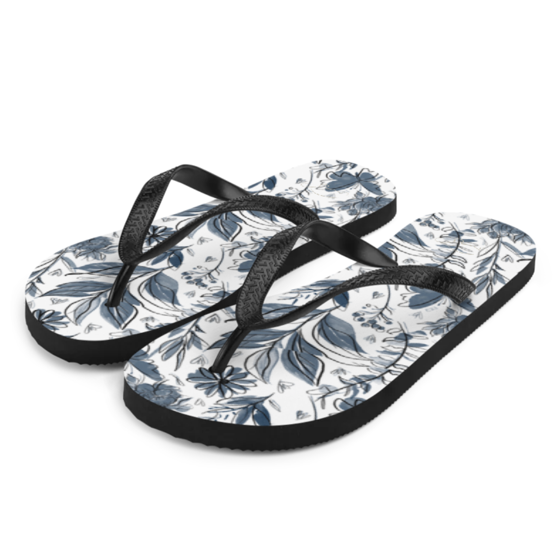 Watercolor White and Blue Women's Flip Flops. Houston Collection. Design hand-painted by the Designer Maria Alejandra Echenique