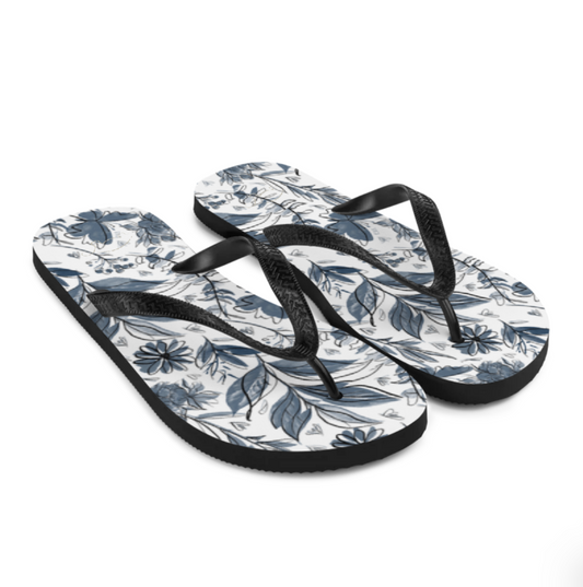 Watercolor White and Blue Women's Flip Flops. Houston Collection. Design hand-painted by the Designer Maria Alejandra Echenique