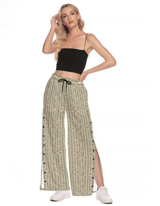 Beige & Green Side Slit Snap Button Trousers. Miami Collection