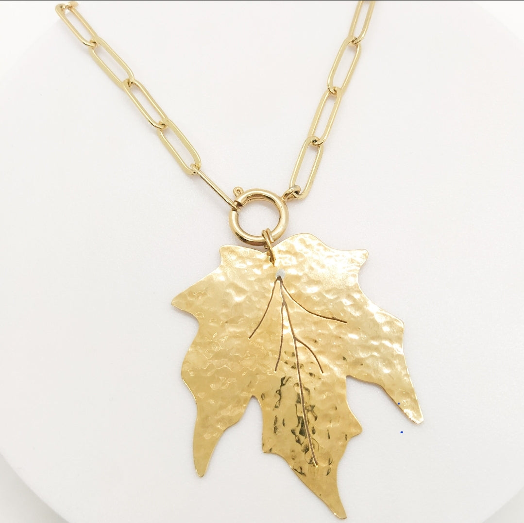 Gold Maple leaf charm long necklace. Flourish Collection. Handmade by Ariadna Echenique. Gift for her