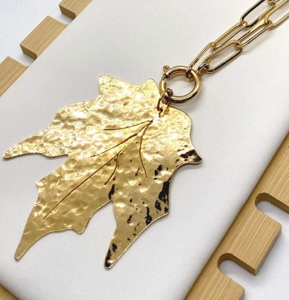 Gold Maple leaf charm long necklace. Flourish Collection. Handmade by Ariadna Echenique. Gift for her