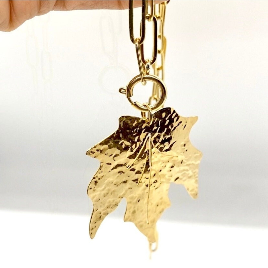 Gold Maple leaf charm long necklace. Flourish Collection. Handmade. Gift for her