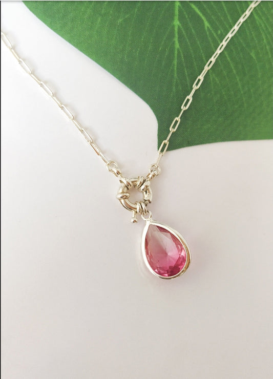 Silver Pink Crystal Necklace. For special occasions. Flourish Collection. Handmade by Ariadna Echenique. Silver plated