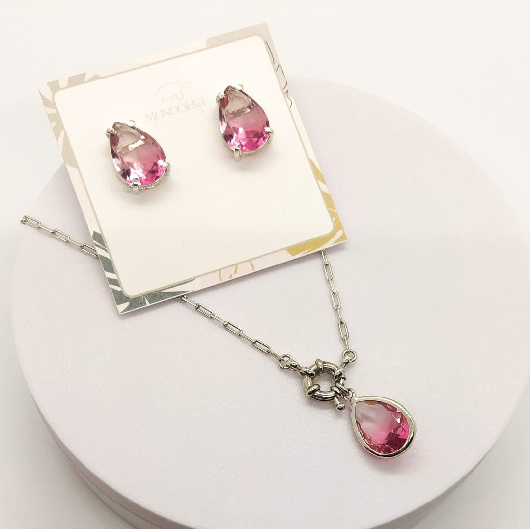 Silver Pink Crystal Necklace. For special occasions. Flourish Collection. Handmade by Ariadna Echenique. Silver plated