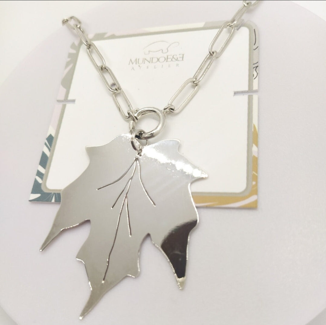 Silver Maple leaf charm long necklace.  Flourish Collection. Handmade by Ariadna Echenique. Silver plated