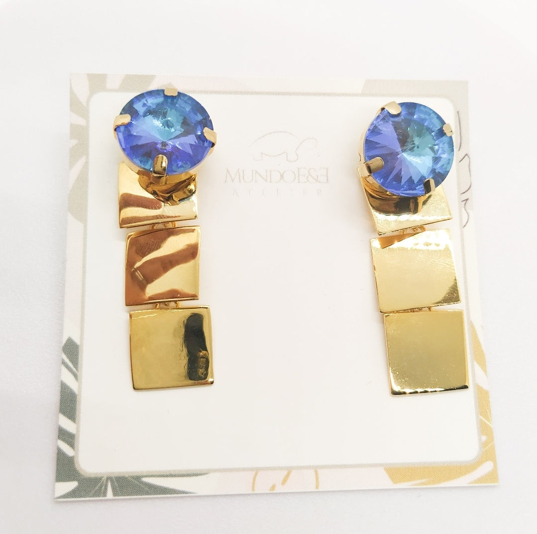 Gold blue crystal 2 in 1 earrings. For special and casual occasions. Flourish Collection. Handmade by Ariadna Echenique. Gold plated