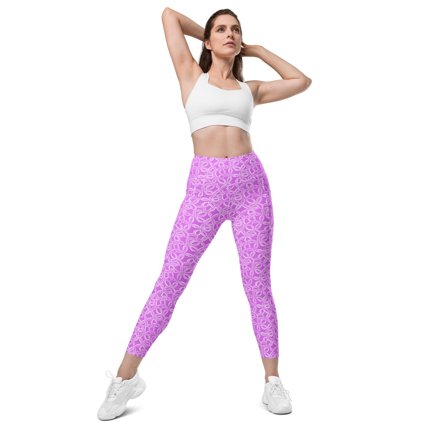 Geometric Pink Leggings with pockets. Design hand-painted