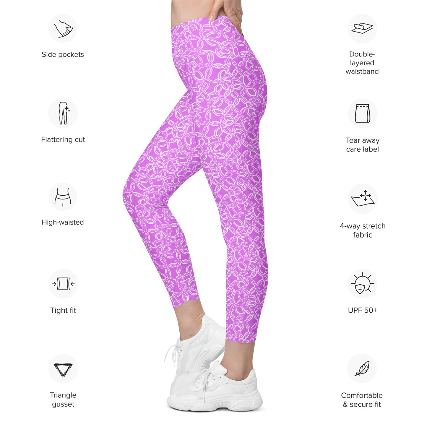 Geometric Pink Leggings with pockets. Design hand-painted