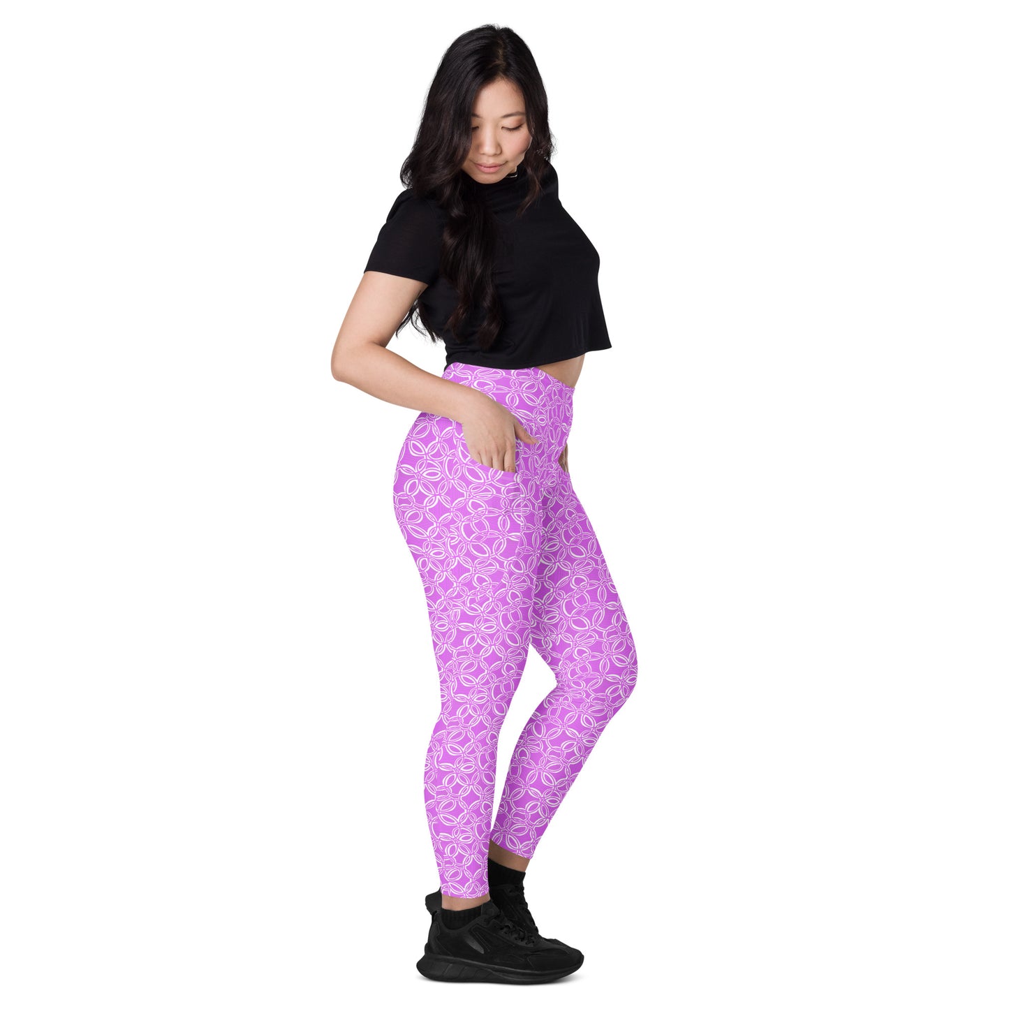 Geometric Pink Leggings with pockets. Design hand-painted