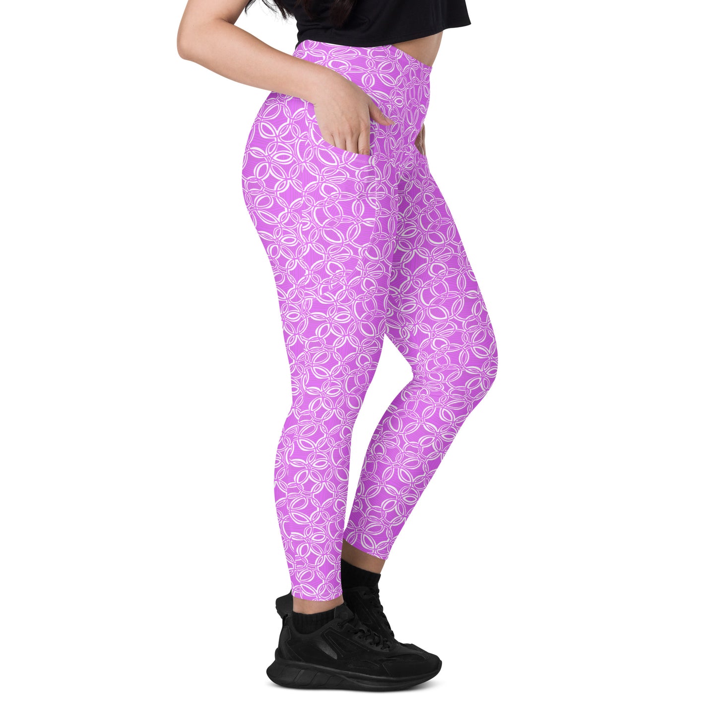 Geometric Pink Leggings with pockets. Design hand-painted by the Designer Maria Alejandra Echenique