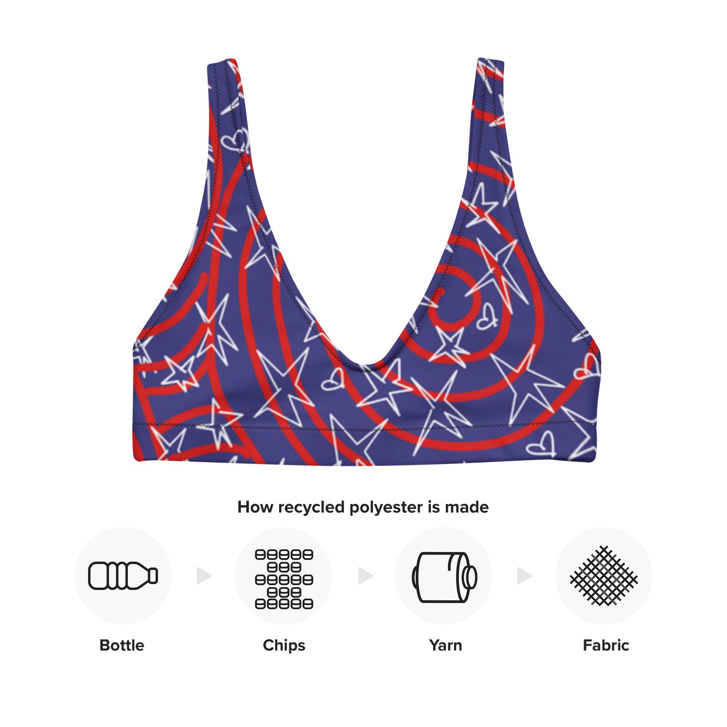 America inspired Recycled padded bikini top. Design hand-painted by the Designer Maria Alejandra Echenique