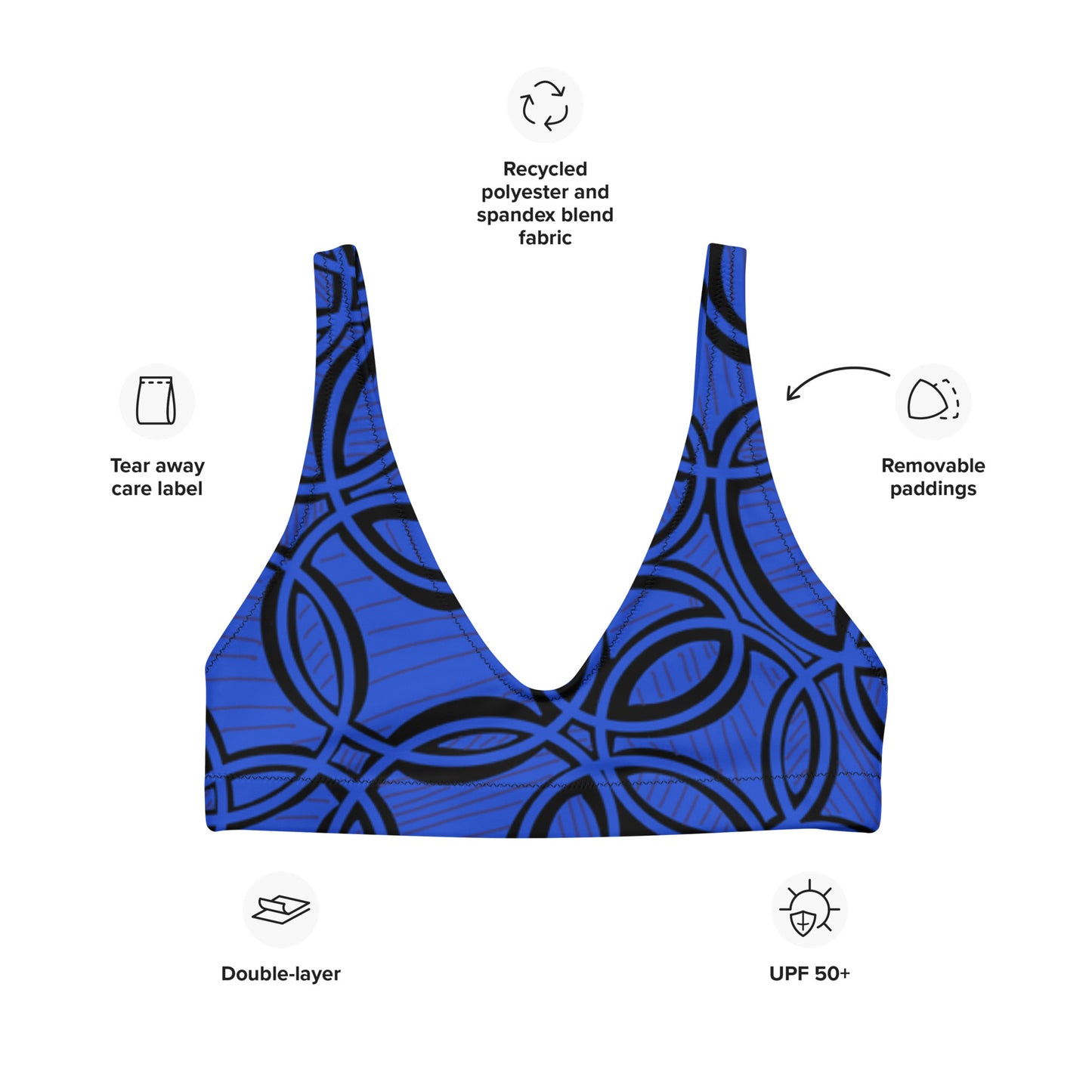 Geometric Blue padded bikini top. Sports Bra. Bra. Design hand-painted by the Designer Maria Alejandra Echenique