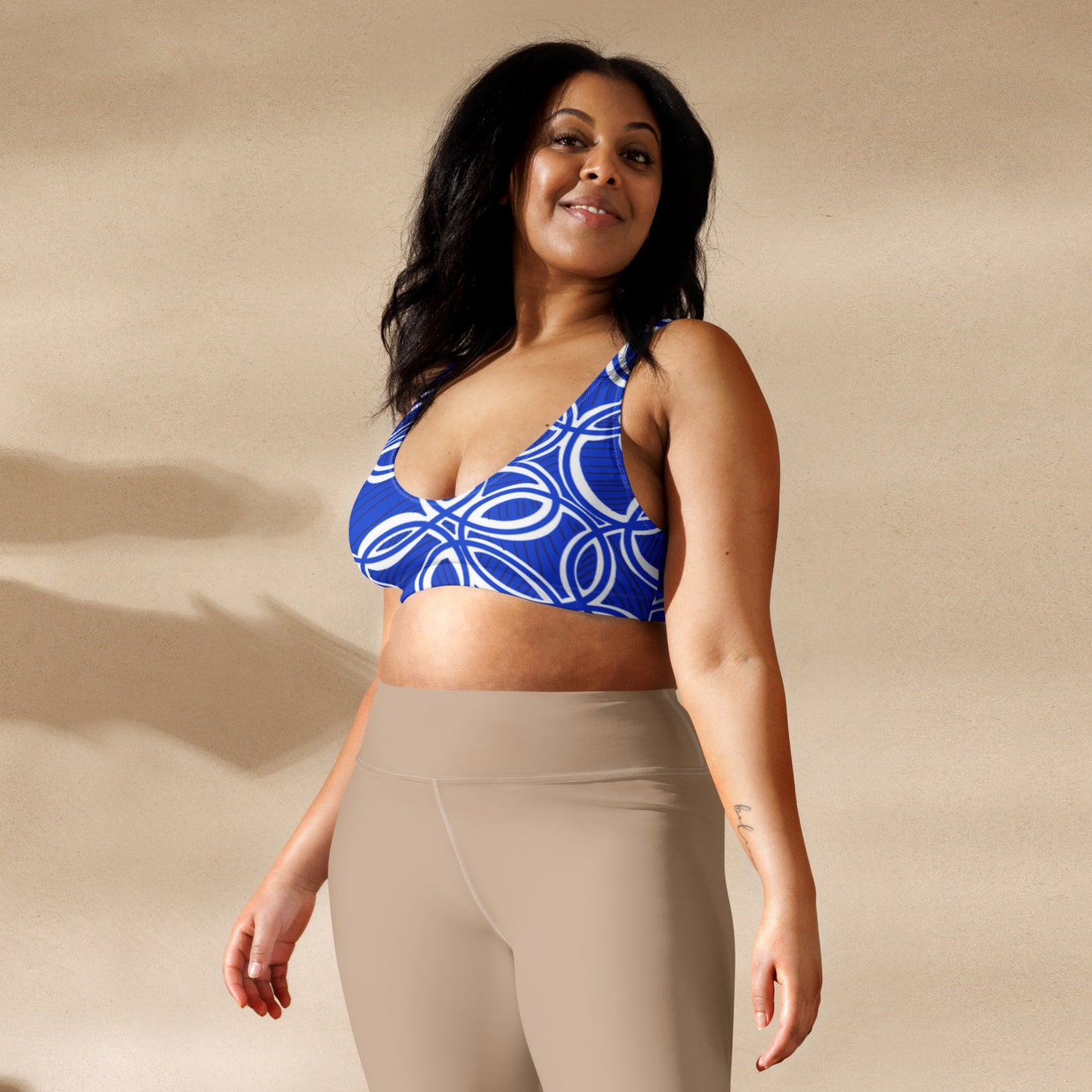 Geometric Blue/White padded bikini top. Sports Bra. Bra. Design hand-painted.
