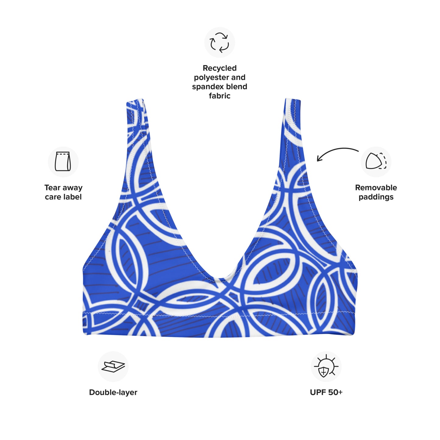 Geometric Blue/White padded bikini top. Sports Bra. Bra. Design hand-painted by the Designer Maria Alejandra Echenique