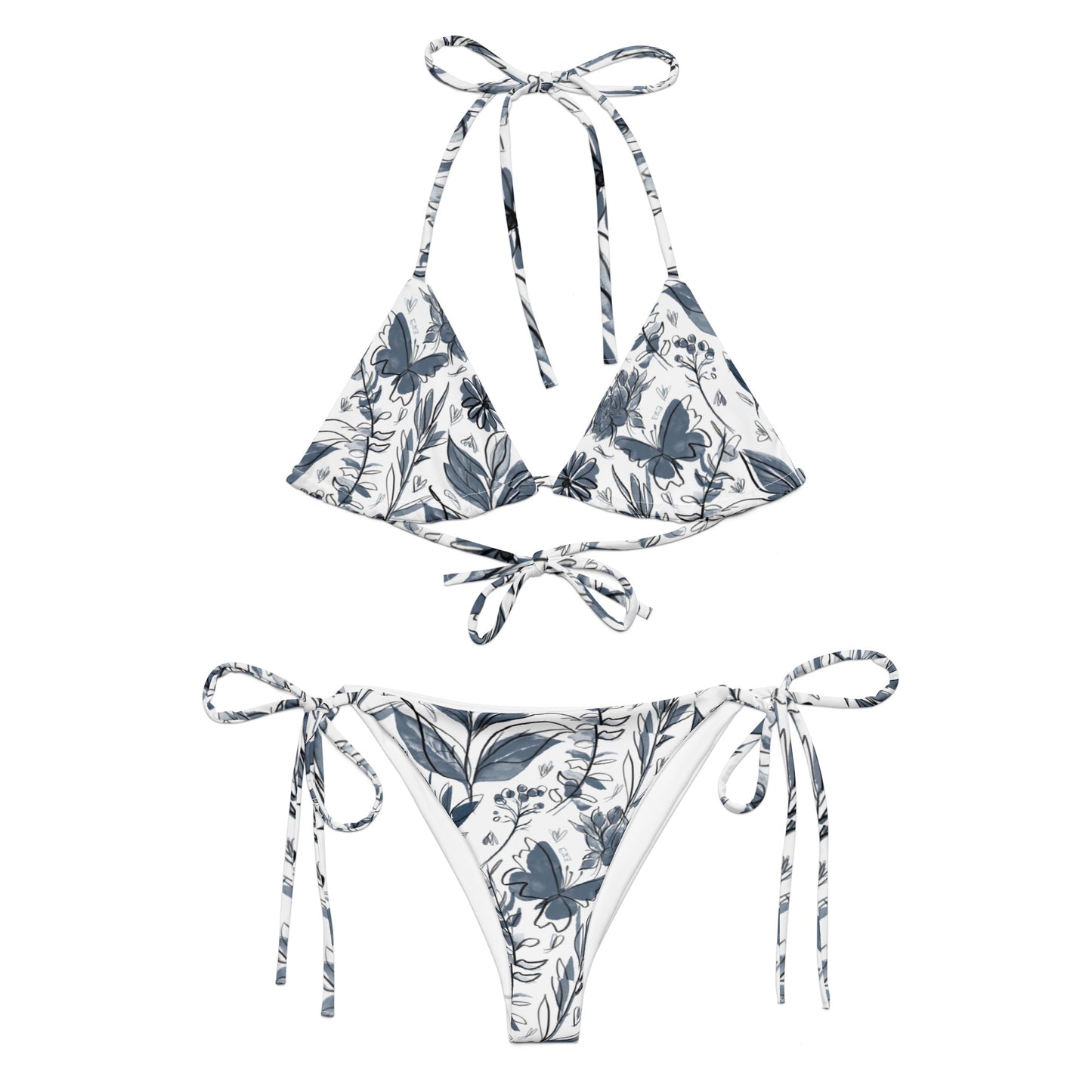 Watercolor White & Blue recycled string bikini. Houston Collection. Design hand-painted by the Designer Maria Alejandra Echenique