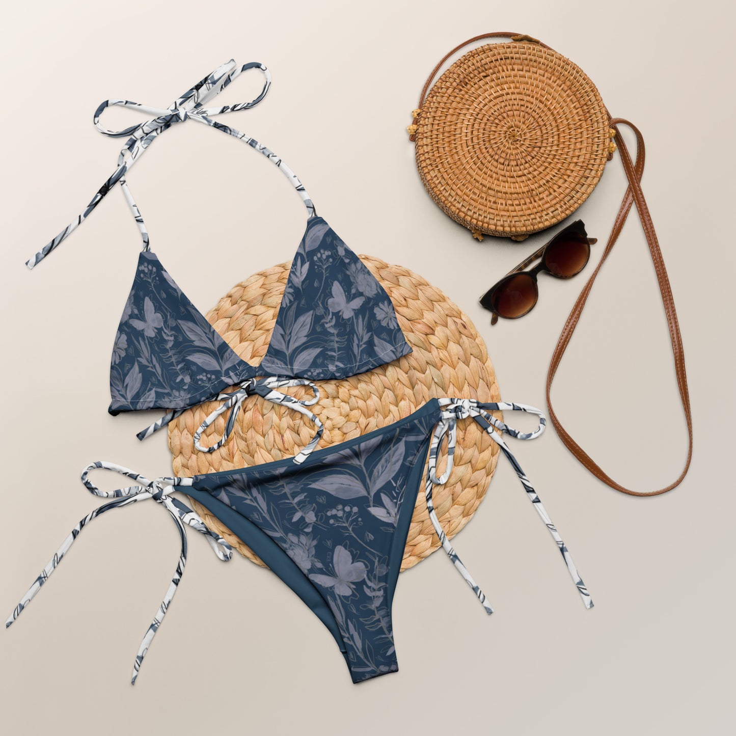 Watercolor Blue & White recycled string bikini. Houston Collection. Design hand-painted by the Designer Maria Alejandra Echenique