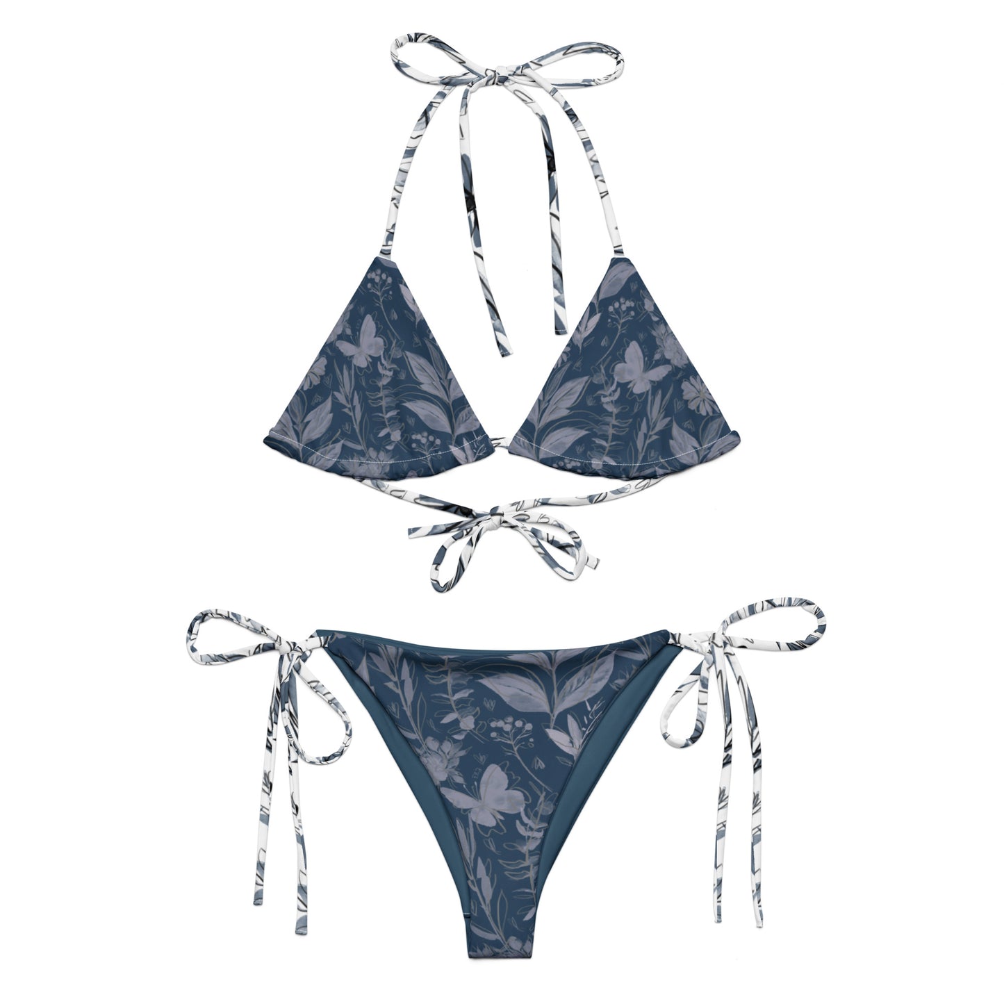 Watercolor Blue & White recycled string bikini. Houston Collection. Design hand-painted by the Designer Maria Alejandra Echenique