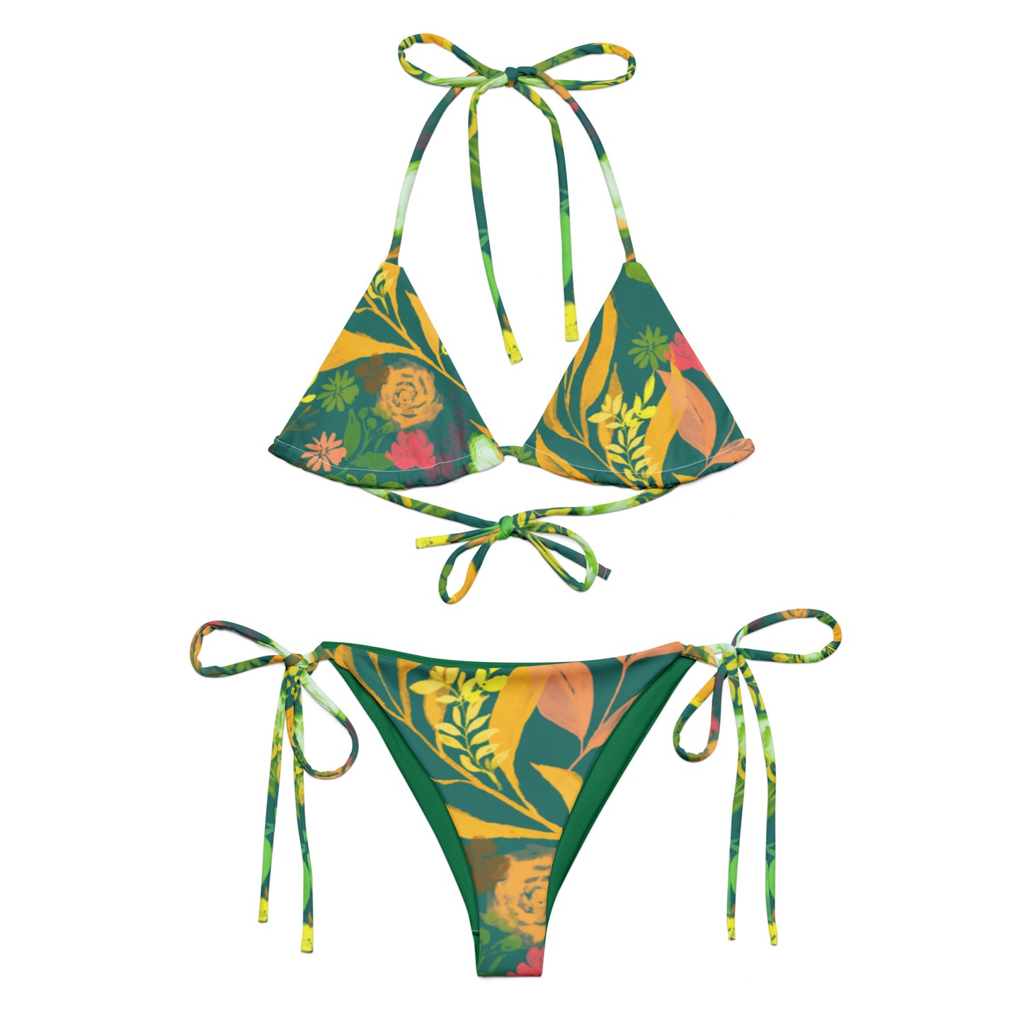 Multicolor Flowers green string bikini. Design hand-painted by the Designer Maria Alejandra Echenique