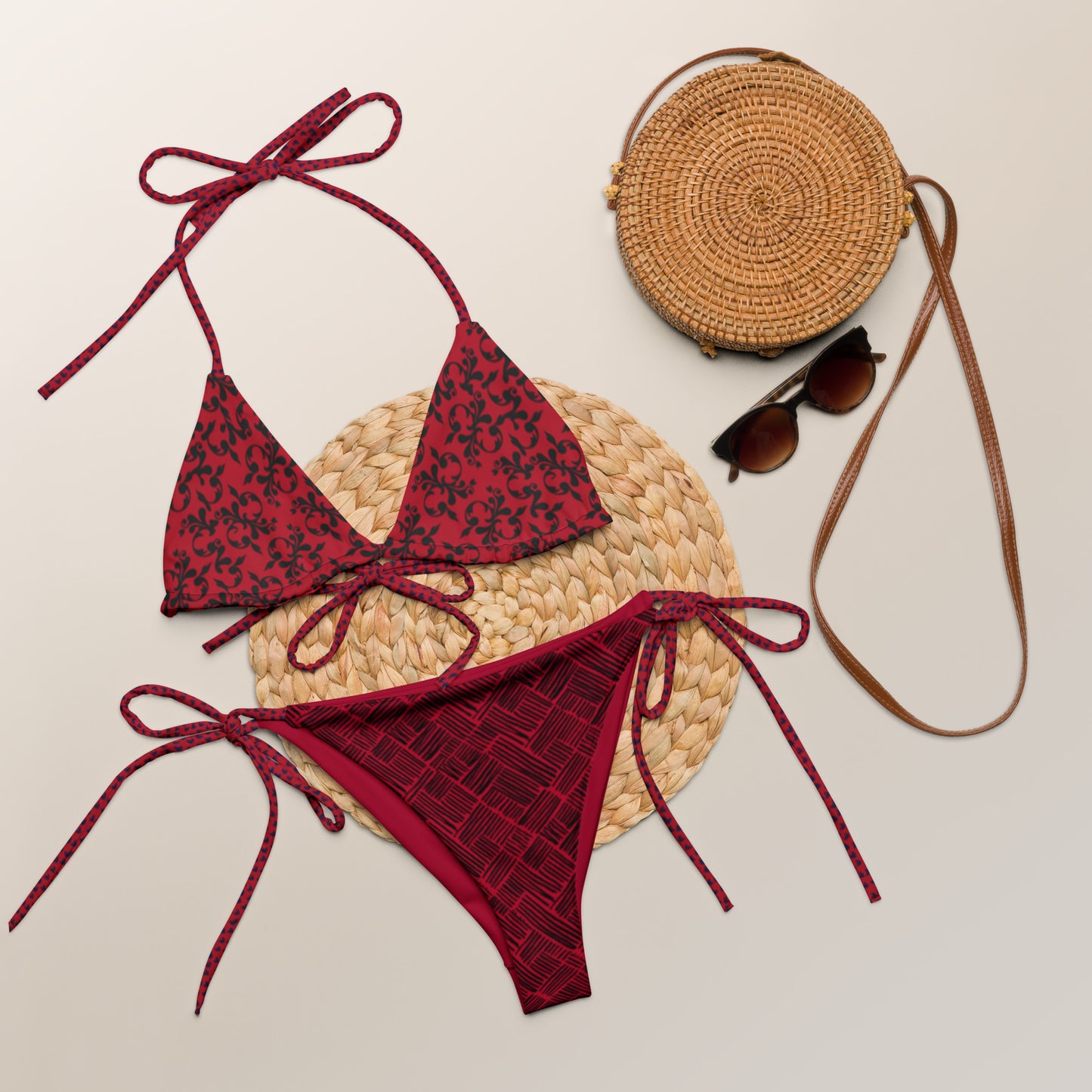 Caracas Collection Red recycled string bikini. Design hand-painted by the Designer Maria Alejandra Echenique