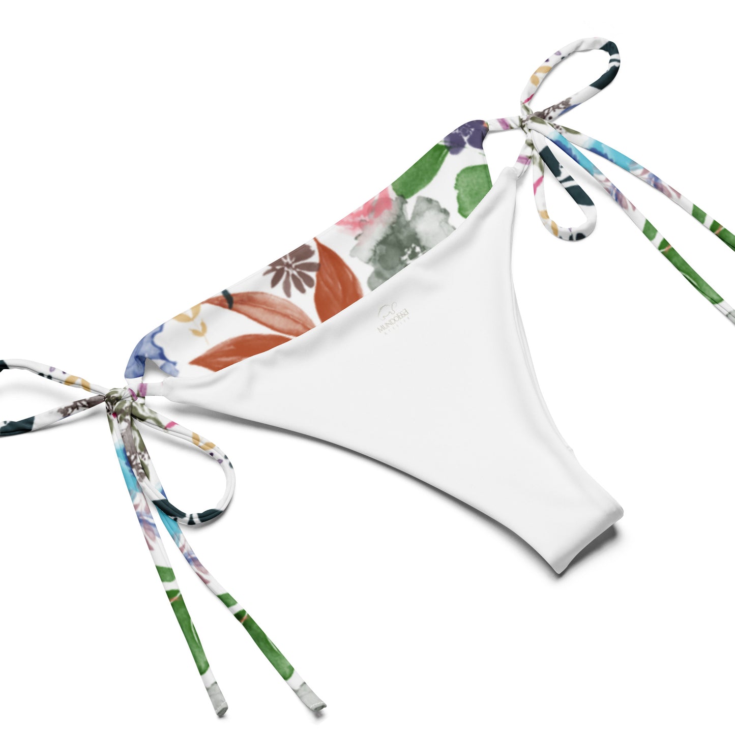 Multicolor Flowers White recycled string bikini. Design hand-painted by the Designer Maria Alejandra Echenique