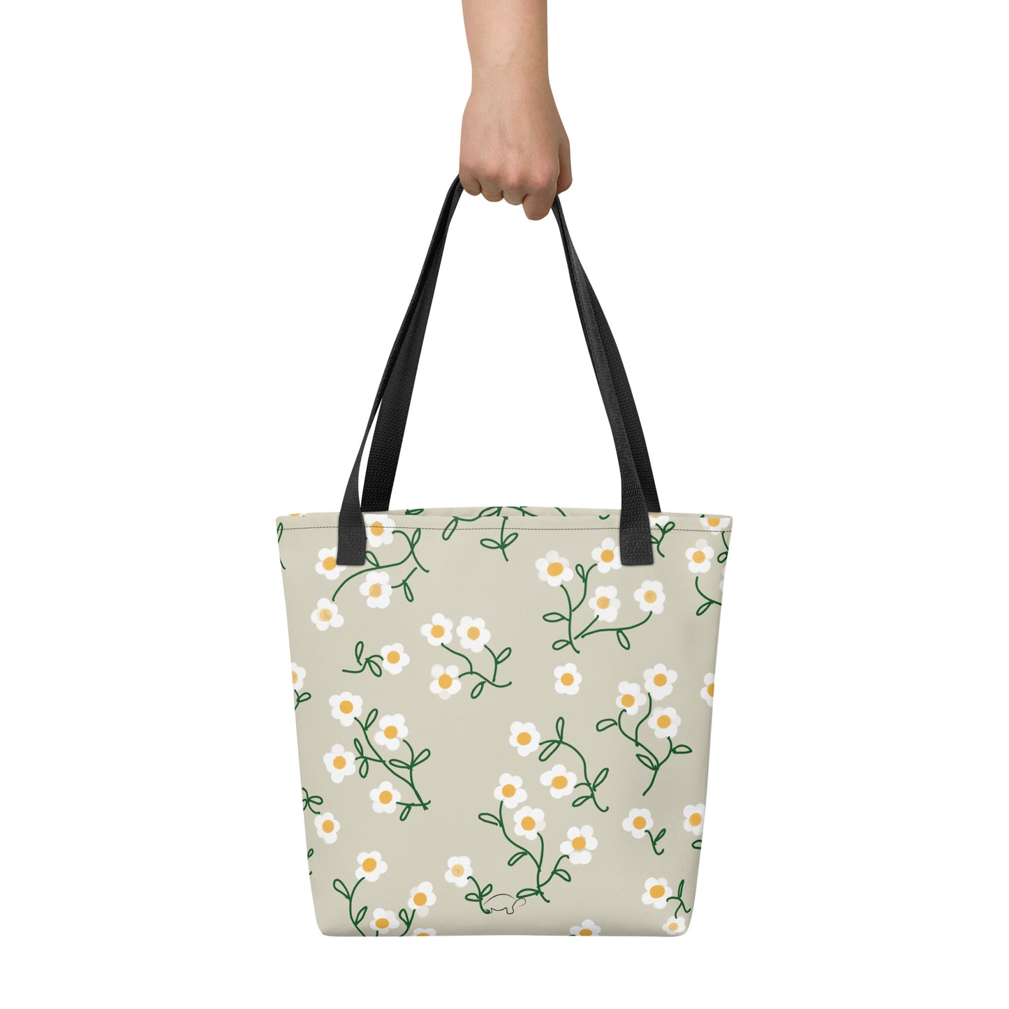 Super Bloom Collection Beige Margaritas Tote bag. Pattern hand-painted by the Designer Maria Alejandra Echenique