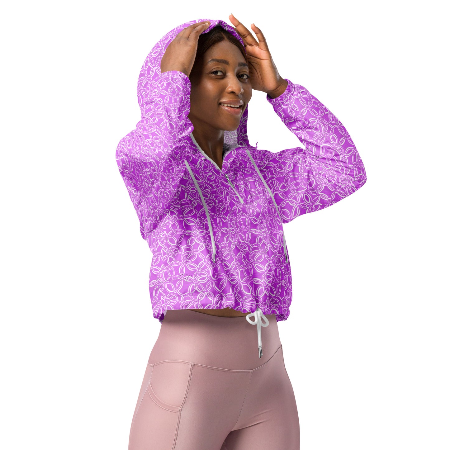 Geometric Pink Women’s cropped windbreaker. Design hand-painted.