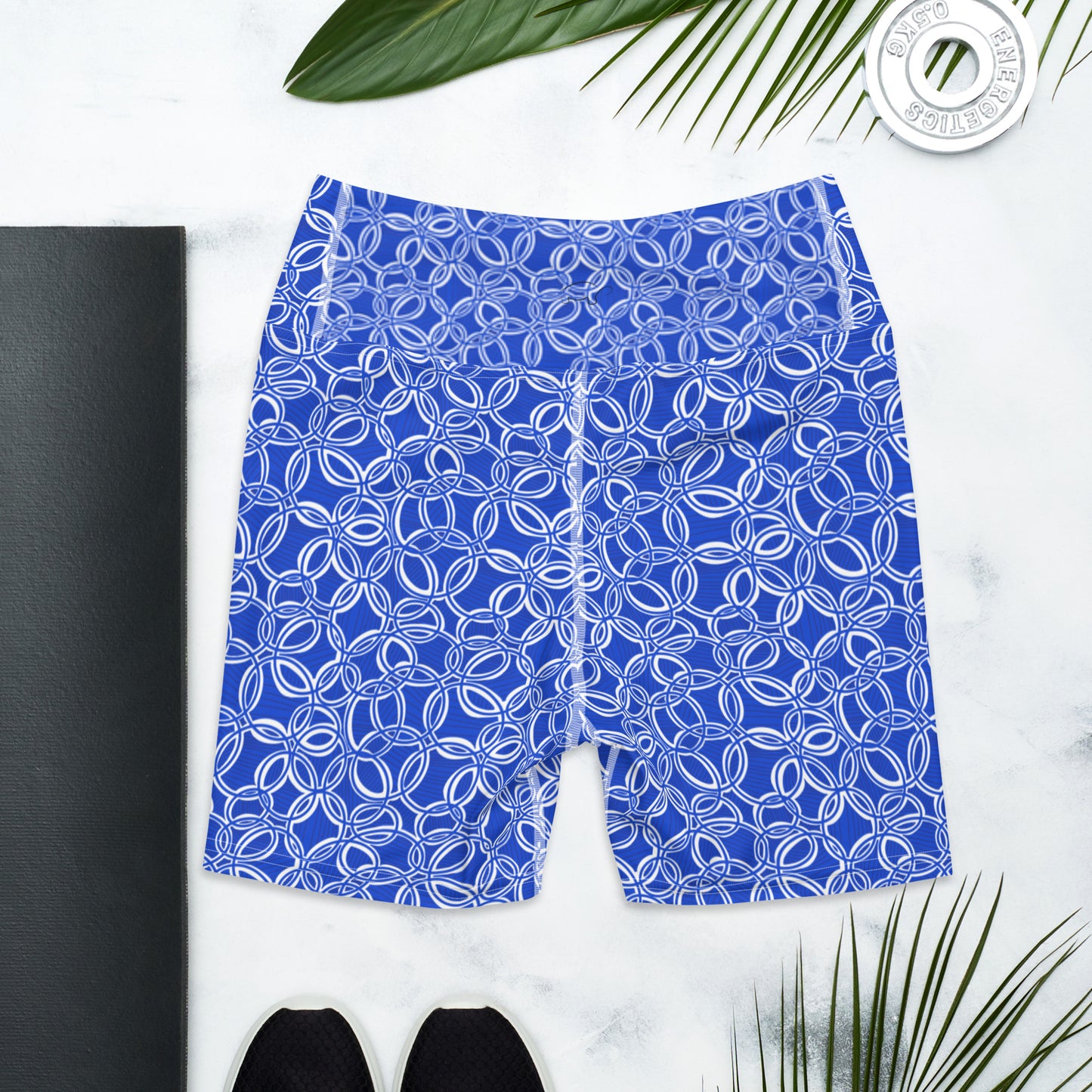 Geometric Blue/White Yoga Shorts. Biking shorts. Design hand-painted by the Designer Maria Alejandra Echenique.