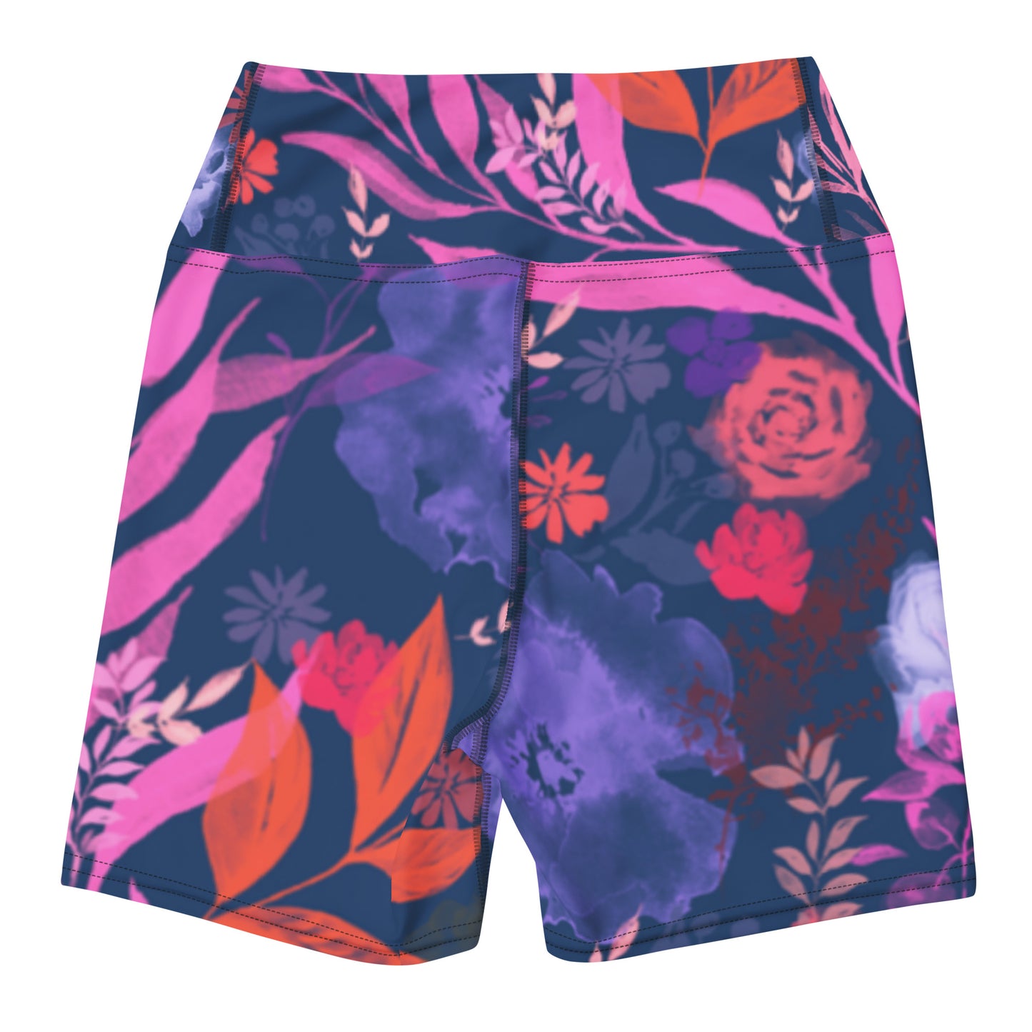 Multicolor Flowers Blue Yoga Shorts. Design hand-painted by the Designer Maria Alejandra Echenique