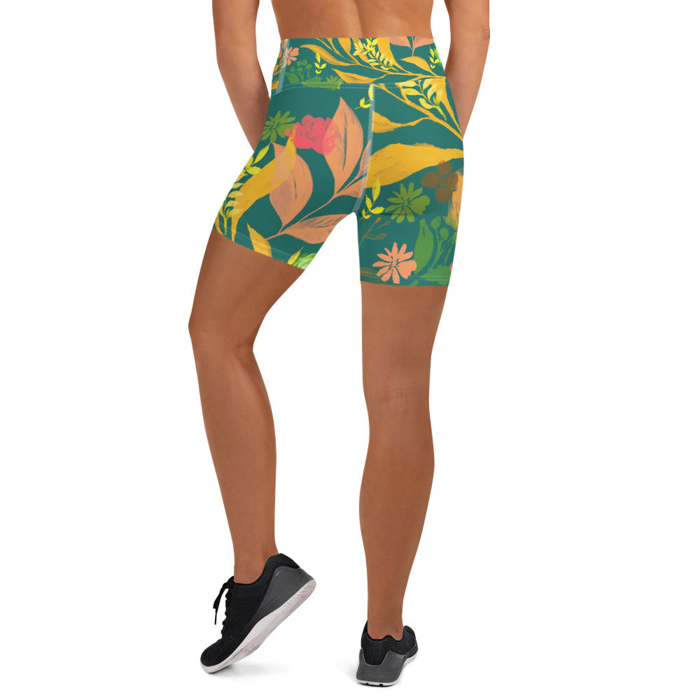 Multicolor Flowers Green Yoga Shorts. Design hand-painted by the Designer Maria Alejandra Echenique
