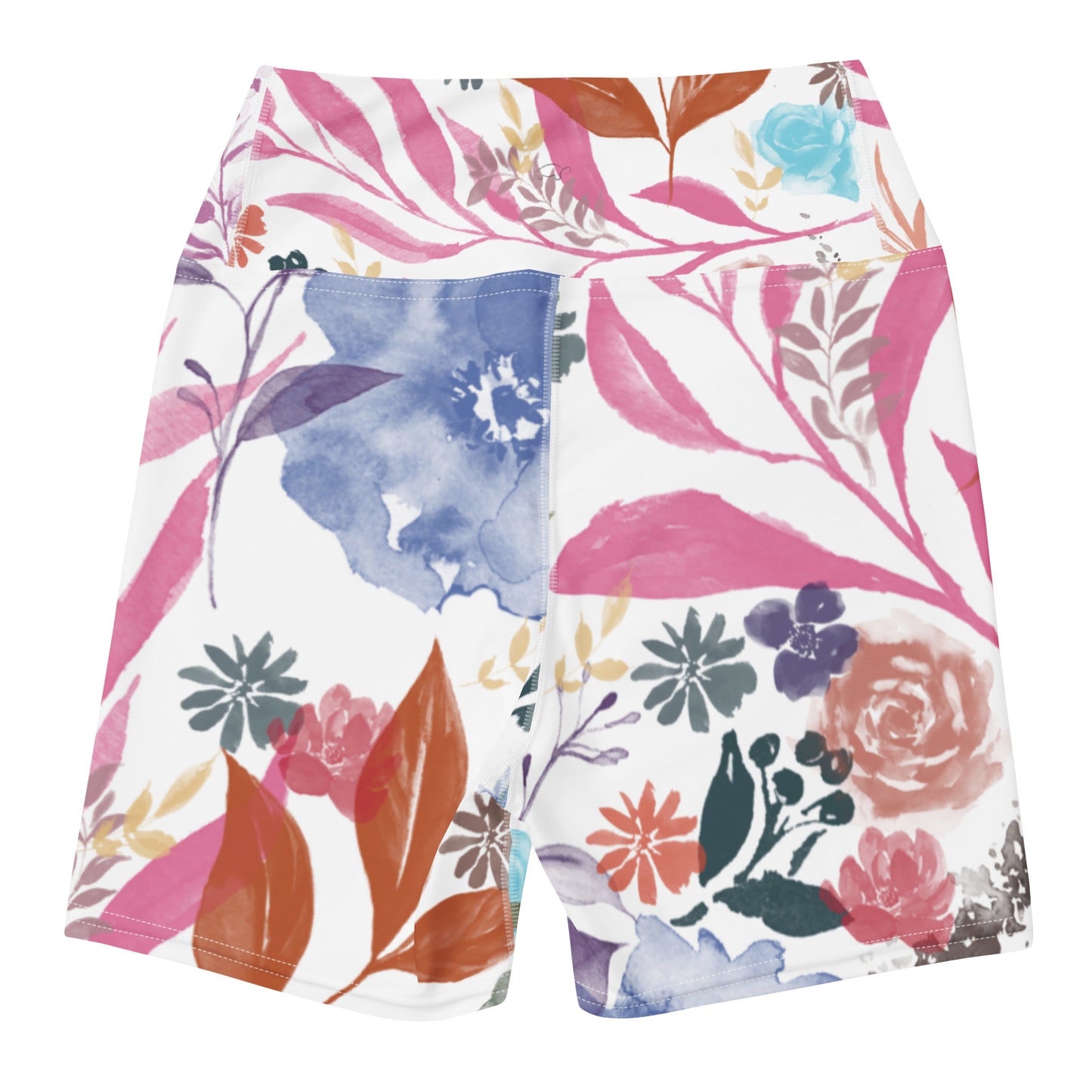 Multicolor Flowers White Yoga Shorts. Design hand-painted by the Designer Maria Alejandra Echenique