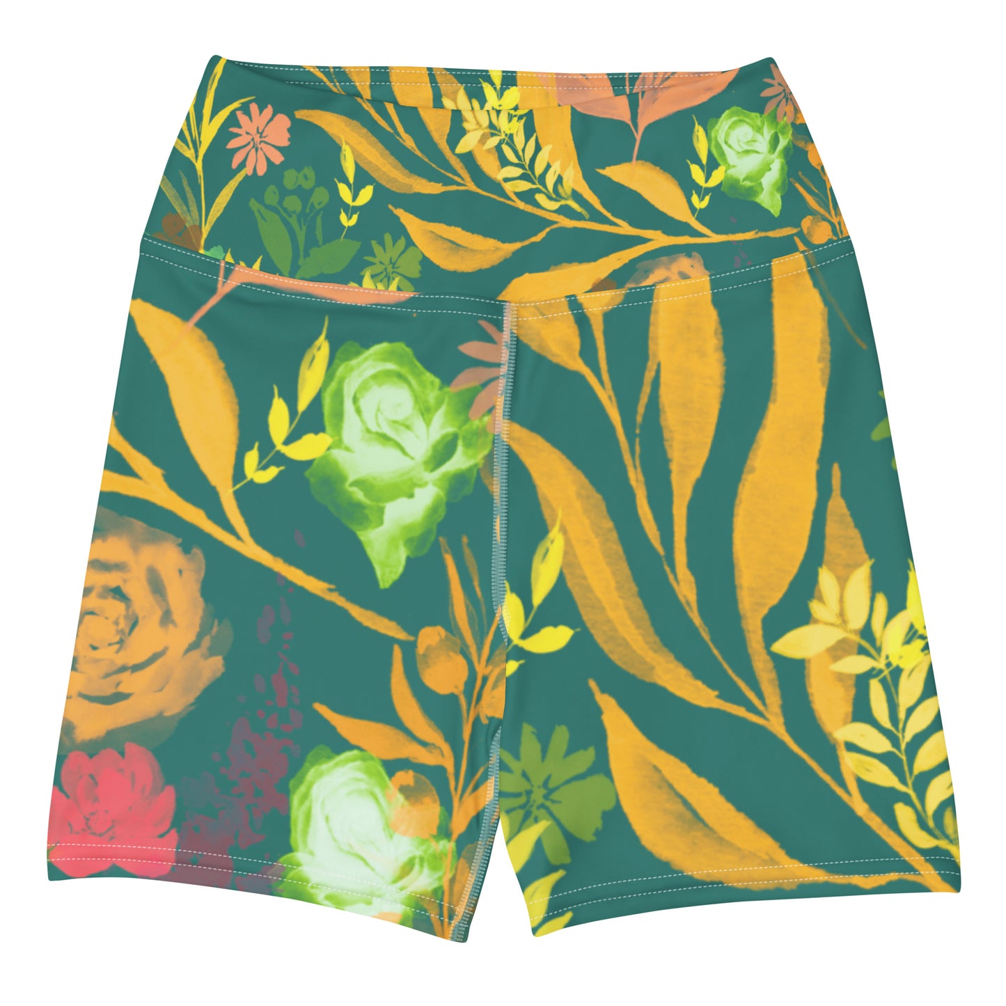 Multicolor Flowers Green Yoga Shorts. Design hand-painted by the Designer Maria Alejandra Echenique