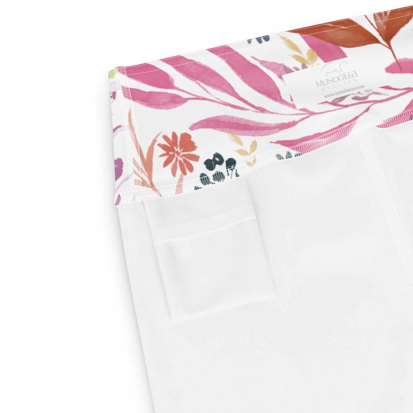 Multicolor Flowers White Yoga Shorts. Design hand-painted by the Designer Maria Alejandra Echenique