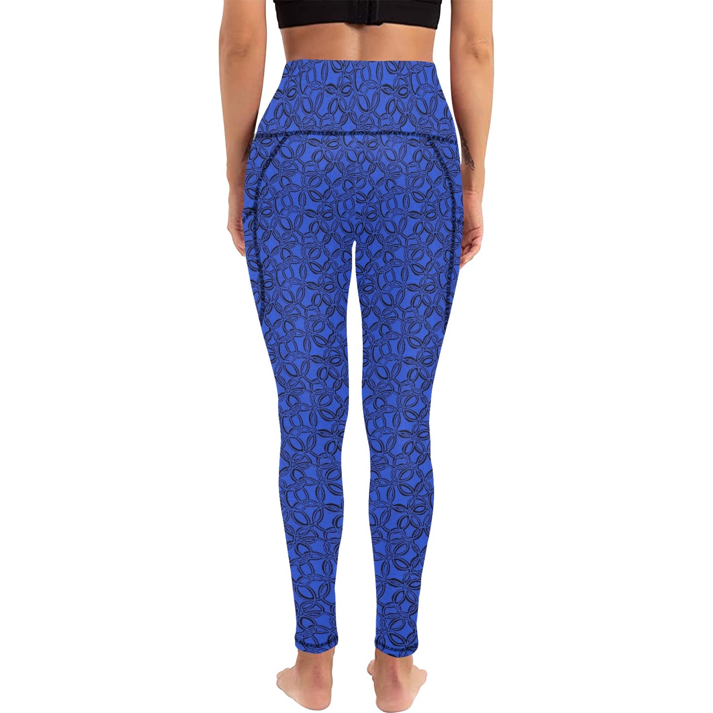 Geometric Blue Leggings with Pockets. Design hand-painted by the Designer Maria Alejandra Echenique
