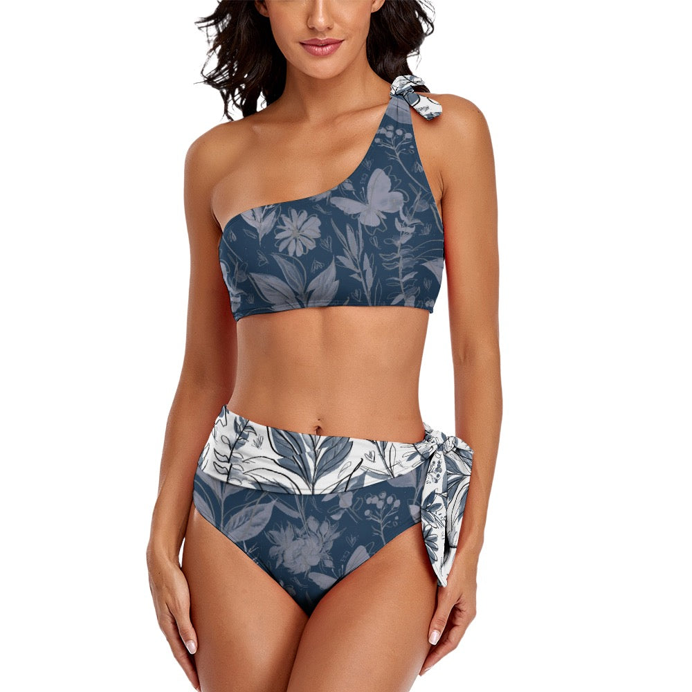 Watercolor Blue Two Piece Sexy One Shoulder Bikini Swimsuit. Houston Collection. Design hand-painted by the Designer Maria Alejandra Echenique