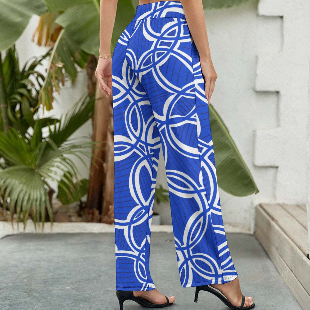 Geometric Blue Women's Wide Leg Pants. Design hand-painted.