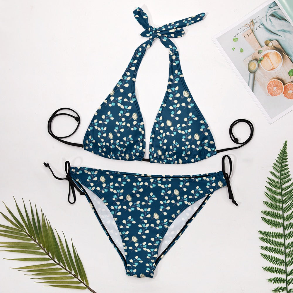 Dark Blue little flowers Halter Bikini Swimwear. Miami Collection