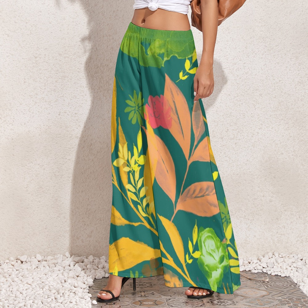 Multicolor Flowers Green Women's Wide Leg Pants. Houston collection. Design hand-painted by the Designer Maria Alejandra Echenique