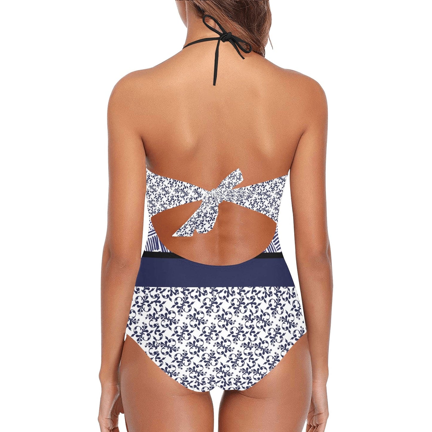 Caracas Collection Blue & Black Lace Band Swimsuit. Design hand-painted by the Designer Maria Alejandra Echenique