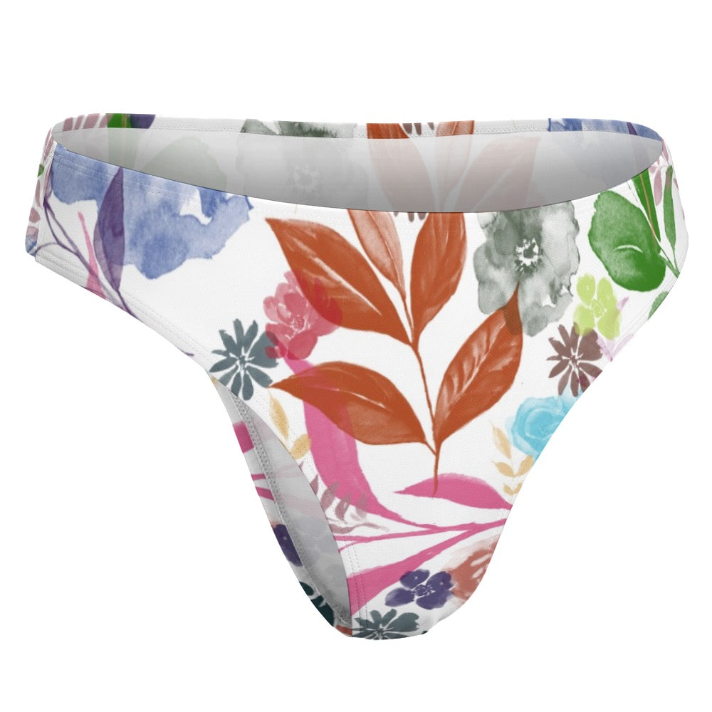 Multicolor Flowers Blue Swimwear Thong. Houston collection. Design hand-painted by the Designer Maria Alejandra Echenique