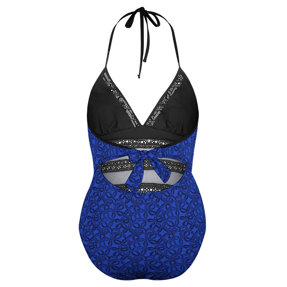 Geometric Dark Blue Plus size One-piece bikini swimsuit. Pattern hand-painted.