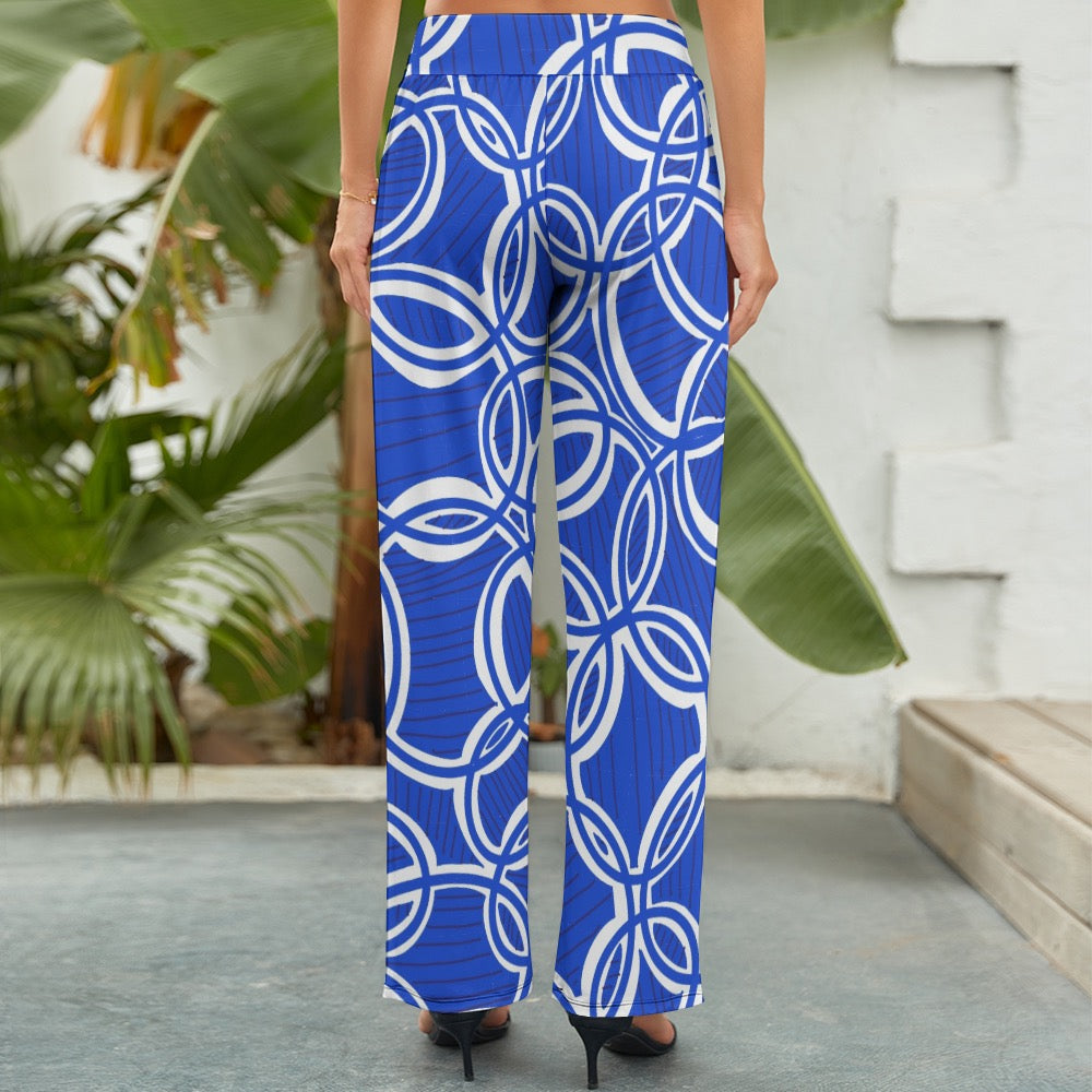Geometric Blue Women's Wide Leg Pants. Design hand-painted by the Designer Maria Alejandra Echenique