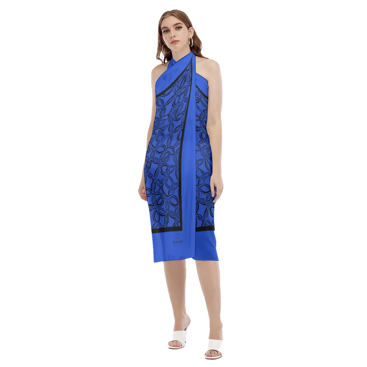 Geometric Blue & Black Women's Beach Dress. Pattern hand-painted by the Designer Maria Alejandra Echenique