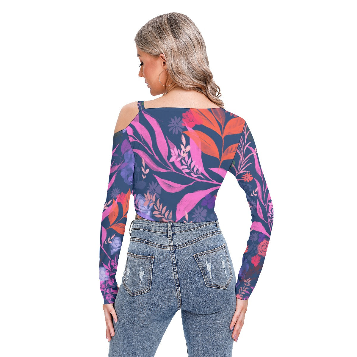 Multicolor flowers Blue Women's One-shoulder Blouse With Drawstring. Houston Collection. Design hand-painted by the Designer Maria Alejandra Echenique
