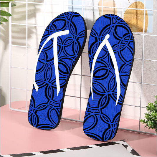 Geometric Dark Blue Women's Flip Flops. Beach wear. Design hand-painted by the Designer Maria Alejandra Echenique