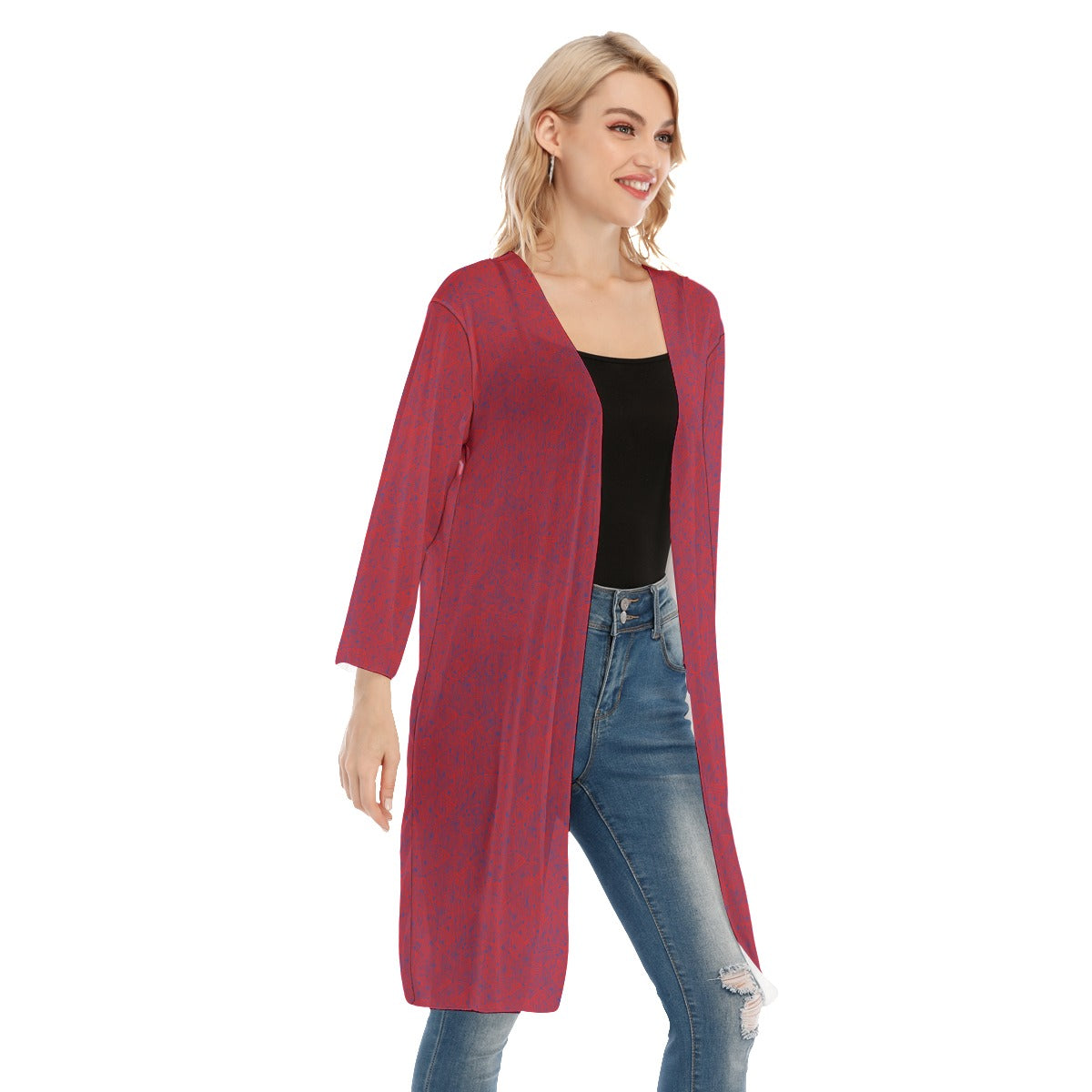 Geometric Red and Blue V-neck Mesh Cardigan. Mesh Tunic. Mesh Kimono. Design hand-painted by the Des