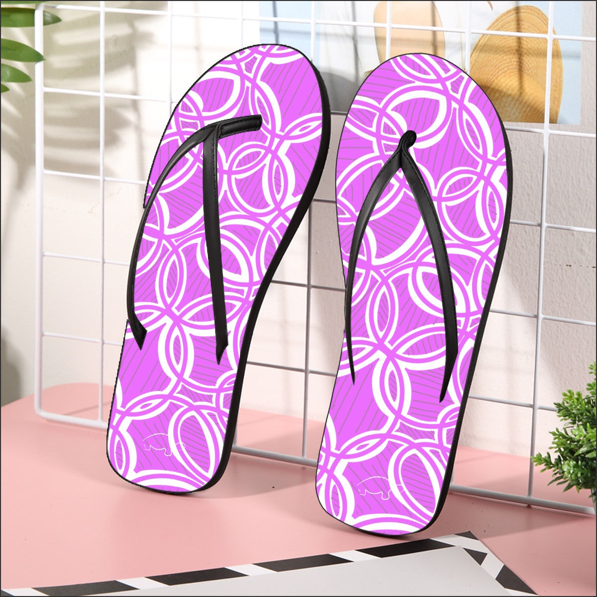 Geometric Pink Women's Flip Flops. Design hand-painted by the Designer Maria Alejandra Echenique.