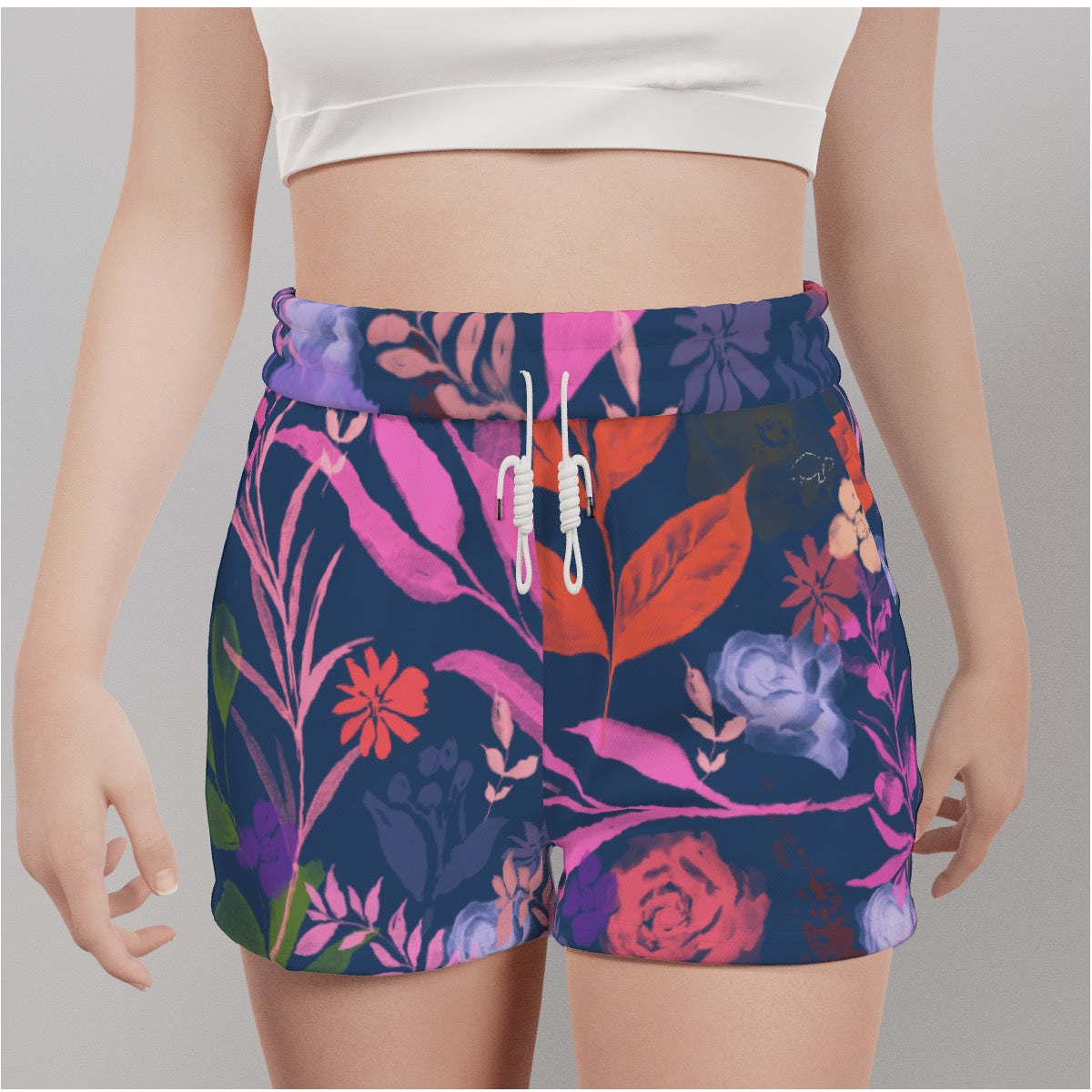 Multicolor Flowers Blue Women's Casual Shorts. Design hand-painted by the Designer Maria Alejandra E