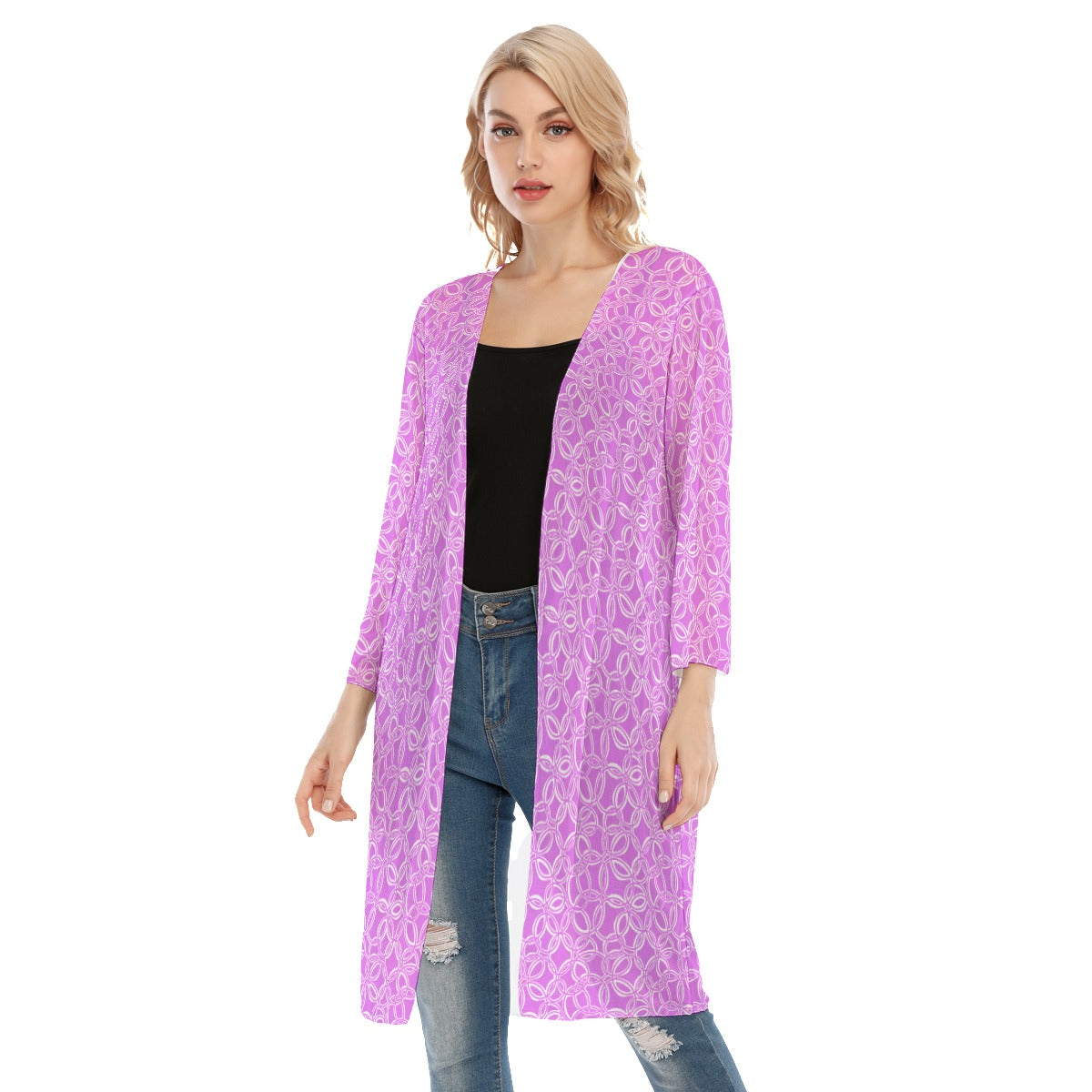 Geometric Pink V-neck Mesh Cardigan. Mesh Kimono. Tunic. Design hand-painted by the Designer Maria A