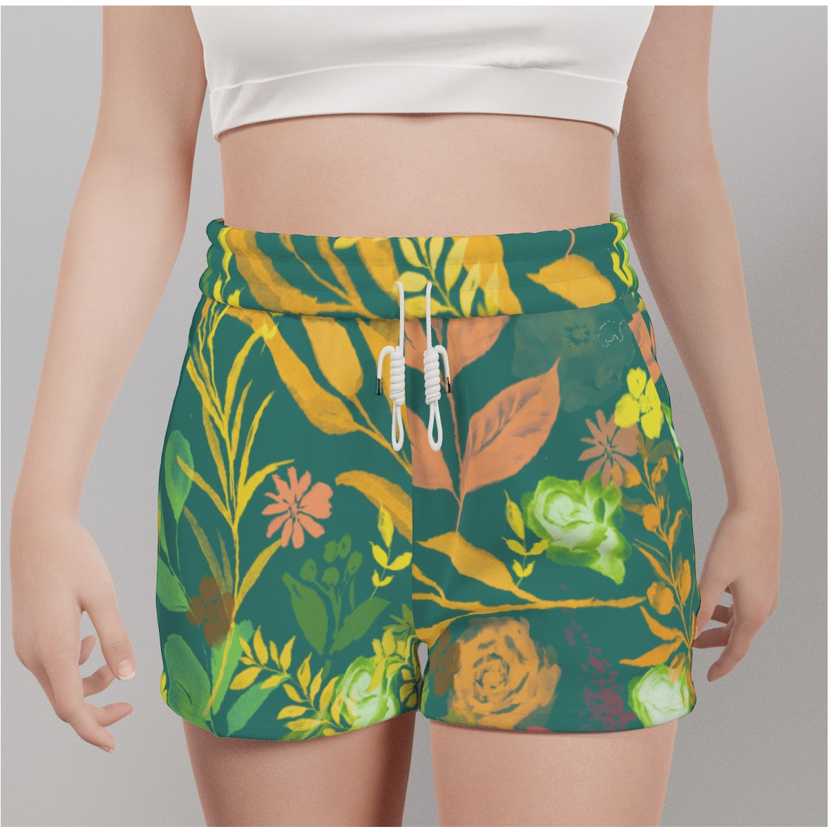 Multicolor Flowers Green Casual Shorts. Design hand-painted by the Designer Maria Alejandra Echenique