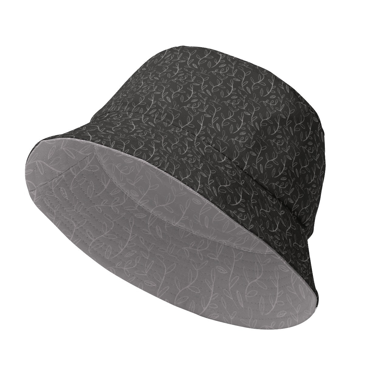 Super Bloom Collection Black & Grey Beige leaves Fisherman Hat. Design hand-painted by the Designer Maria Echenique